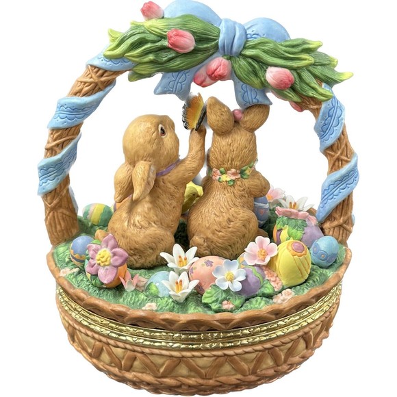 Porcelain Easter Basket Large Trinket Box with Bunnies and Flowers in Box - Picture 3 of 10